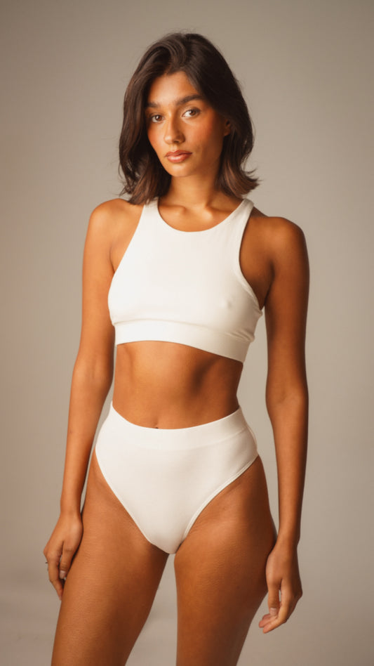 Racer + Hip Hugger set in Pearl, front view — MicroModal bralette and high-waisted brief, made in the UK
