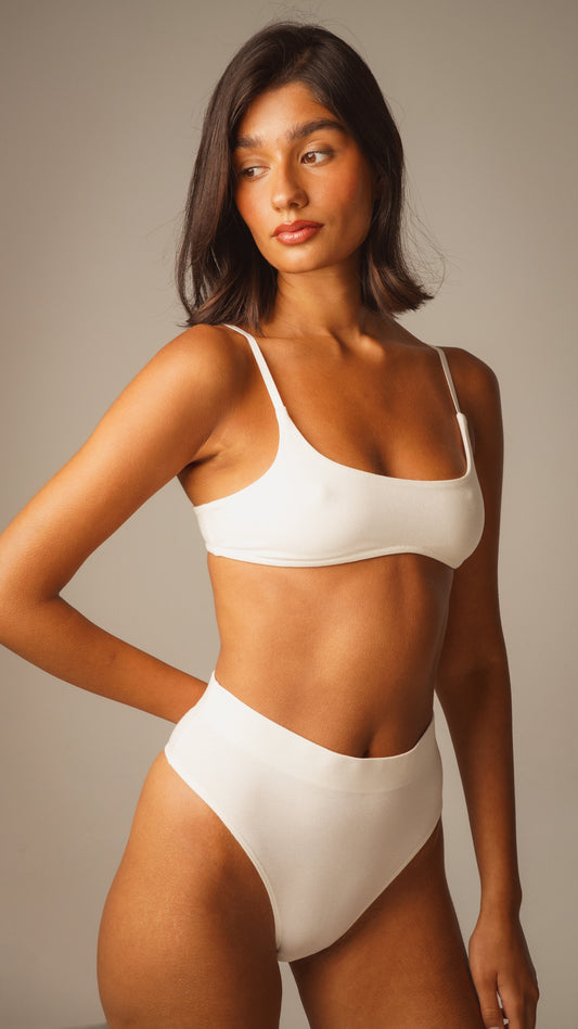 Bra + Hip Hugger set in Pearl, front view — MicroModal bra and high-waisted brief, made in the UK
